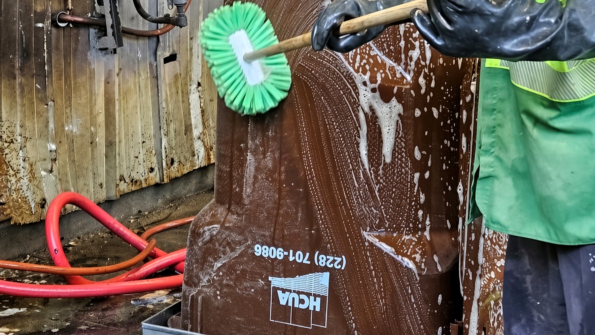 Operator in hi-vis brushing the exterior of an inverted bin on the wash stand