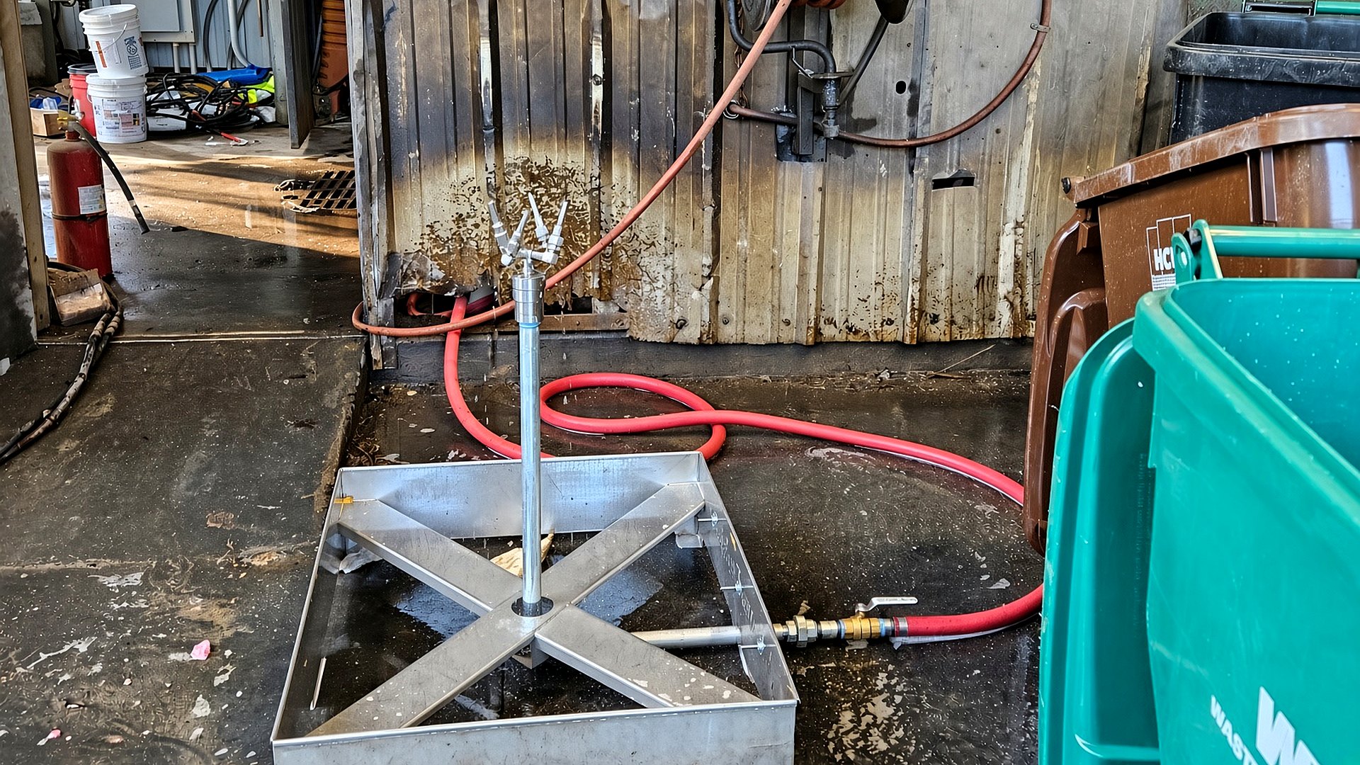 WBW-001 installed in a wash bay with red hose reel and non-potable water